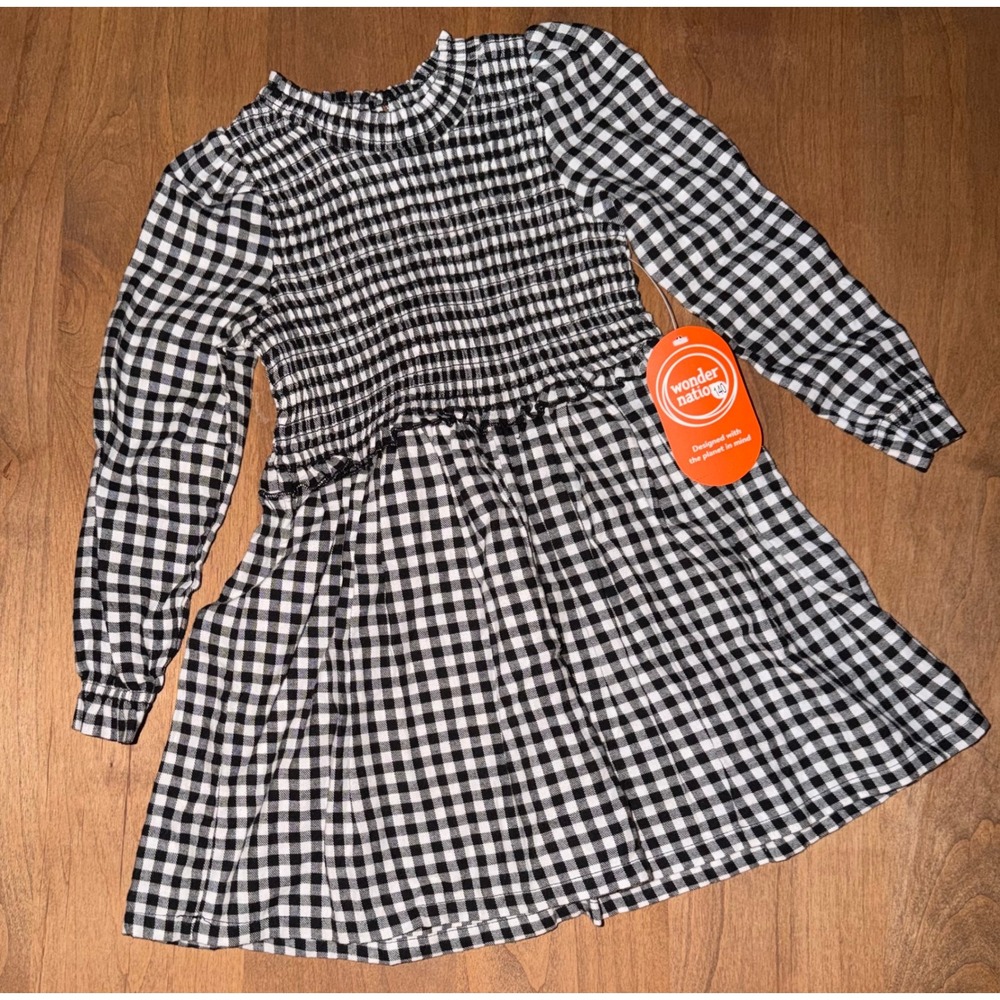 Wonder Nation Girls Black White Gingham Smocked Long Sleeve Dress 3T NWT